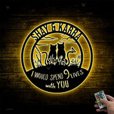 Custom Couple Cat Monogram Metal Wall Art Led Lights, Personalized Couple Metal Name Sign, I Would Spend All 9 Lives With You Metal Wall Decor