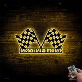 Personalized Racing Flag Metal Wall Art Led Lights, Checkered Racing Flag Metal Wall Hanging, Car Racing Man Cave Garage Metal Sign