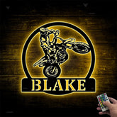 Custom Dirt Bike Metal Wall Art With Led Lights, Personalized Motocross Rider Metal Name Sign, Motorcycle Biker Metal Wall Led Decor
