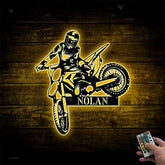 Custom Dirt Bike Metal Wall Art With Led Lights, Personalized Motocross Rider Metal Name Sign, Motorcycle Biker Metal Wall Led Decor