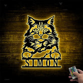 Custom Peeking Maine Coon Cat Metal Wall Art Led Lights, Personalized Funny Cat Lover Metal Name Sign, Maine Coon Cat Kid Room Metal Wall Led Sign