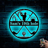 Custom Name Golfer Metal Sign With Led Lights, Personalized 19th Hole Golf Club Metal Decoration, Golf Ball And Golf Sticks Metal Wall Art Decor