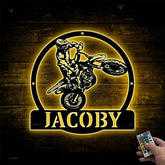 Custom Dirt Bike Metal Wall Art With Led Lights, Personalized Motocross Rider Metal Name Sign, Motorcycle Biker Metal Wall Led Decor