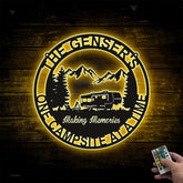 Personalized Forest Camping Rv Metal Sign Led Lights, Camping Car Fire Pit Metal Wall Art, Custom Campsite Campfire Mountain Secene Metal Wall Sign