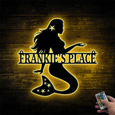 Personalized Mermaid Beach House Metal Sign Led Light, Custom Mermaid Metal Name Beach Sign, Mermaid Patio Lake House Metal Outdoor Decor