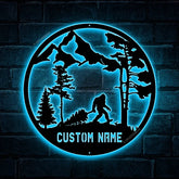 Personalized Scenic Bigfoot Sign With Led Lights, Personalized Sasquatch, Bigfoot Metal Sign, Mountain Scene Monogram Sign, Address Sign, Cabin Decor