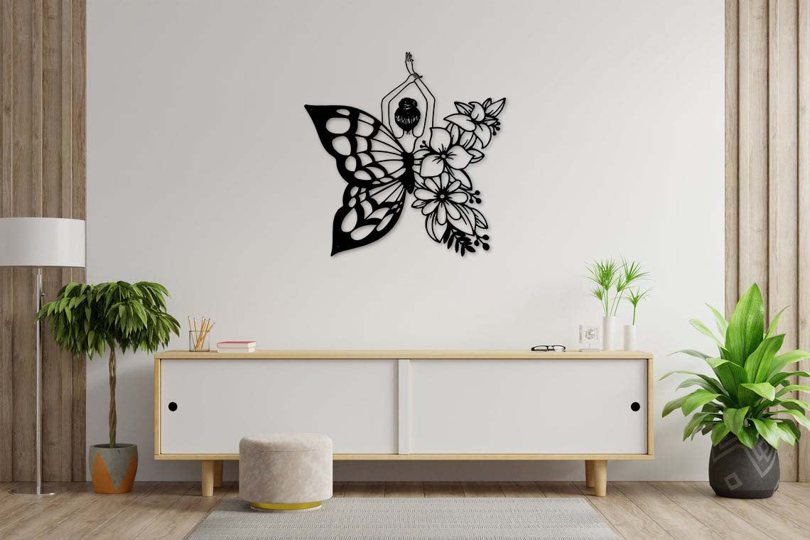 Ballet Lovers Ballerina Flying With A Floral Butterfly Wing Flower Wall Art Decor Cut Metal Sign Laser Cut Metal Signs Custom Gift Ideas