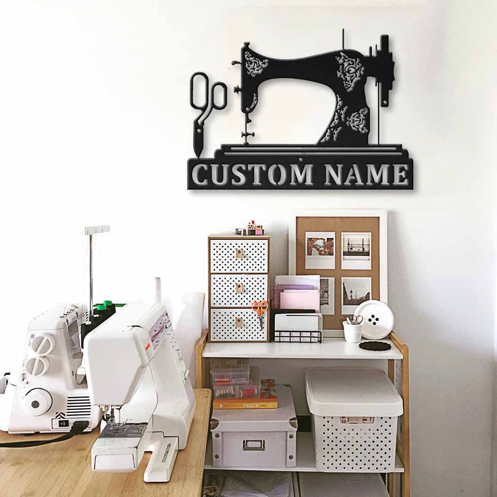 Personalized Name Sewing Machine And Sewing Scissors Metal House Sign Laser Cut Metal Signs Custom Gift Ideas