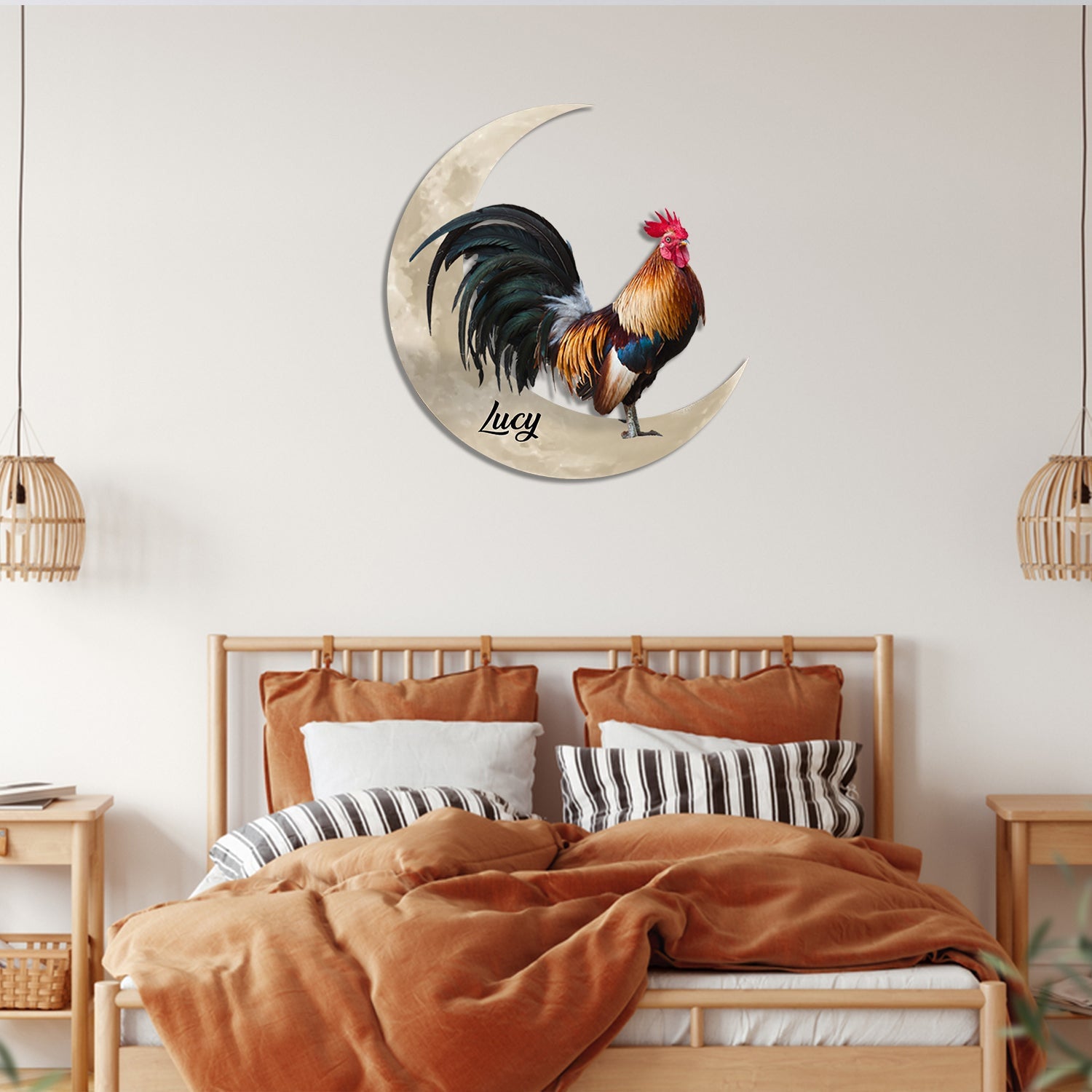 Rooster Chicken And Moon Funny Personalized Cut Metal Sign, Custom Christmas Gift Wall Decoration For Farmer Laser Cut Metal Signs Custom Gift Ideas