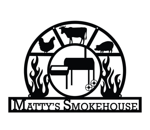 Custom Smokehouse Bbq Metal Sign, Personalized Flaming Grill, Barbeque, Barbecue, Smoker Decor, Green Egg, Traeger, Outdoor Sign, Bbq Grill Laser Cut Metal Signs Custom Gift Ideas