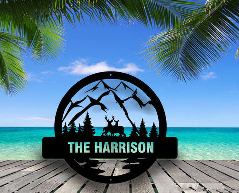 Personalized Metal Wall Sign With Mountains And Deer Outdoor Decor Fathers Day Welcome Sign Monogram Sign Living Room Wall Decor Laser Cut Metal Signs Custom Gift Ideas