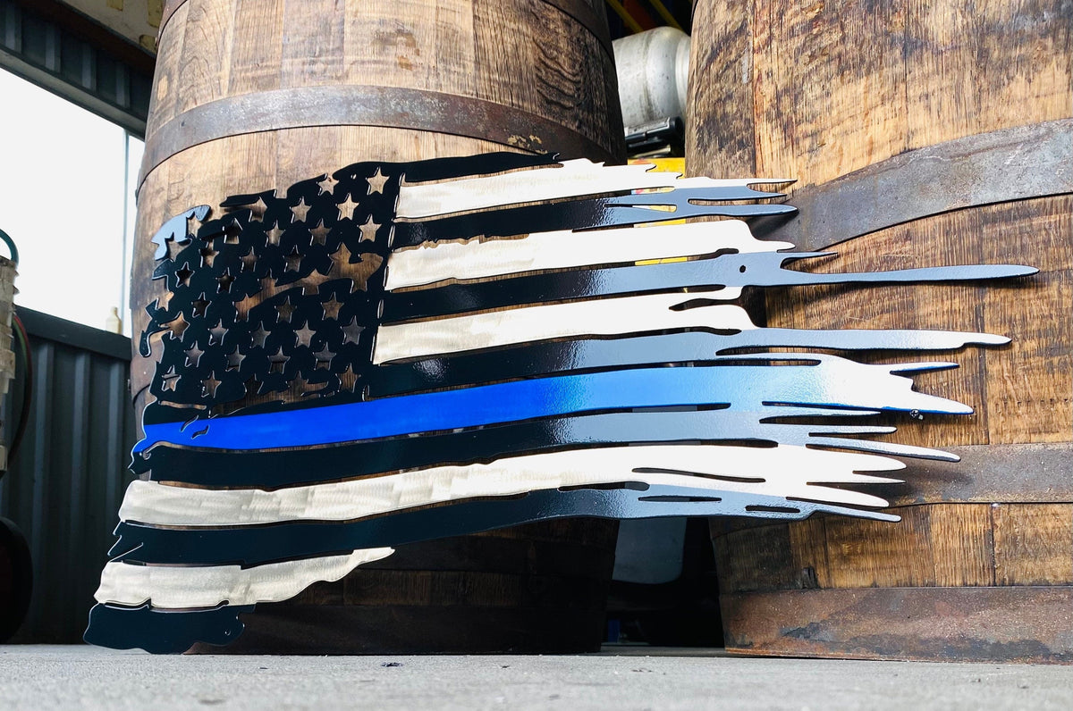 Metal Distressed American Flag, Tattered, Thin Blue Line, Police, Back The Blue, Steel, Fall Decor, Christmas Laser Cut Metal Signs Custom Gift Ideas