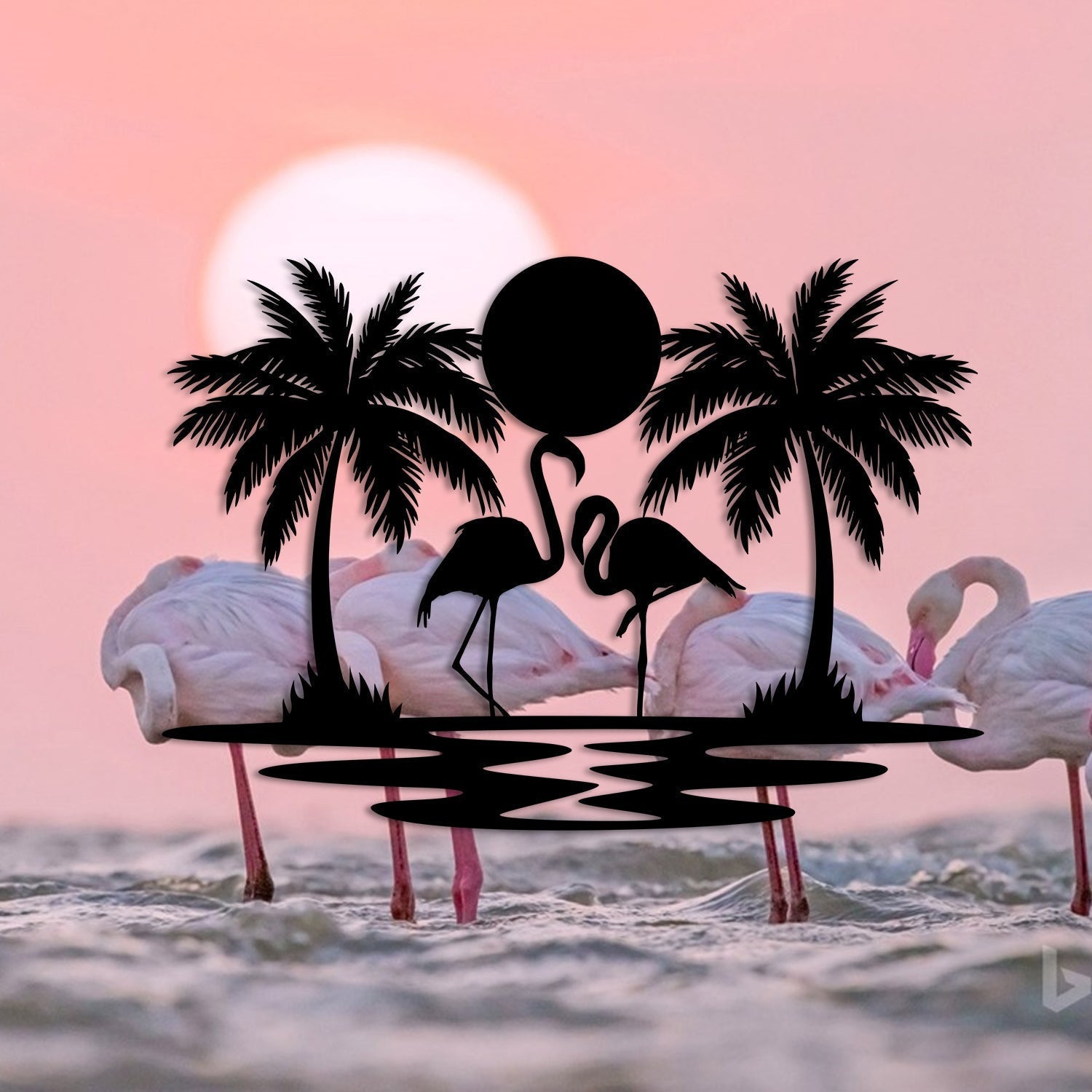 Couple Flamingo Sunset Beach Metal Art, Housewarming Decor Laser Cut Metal Signs Custom Gift Ideas