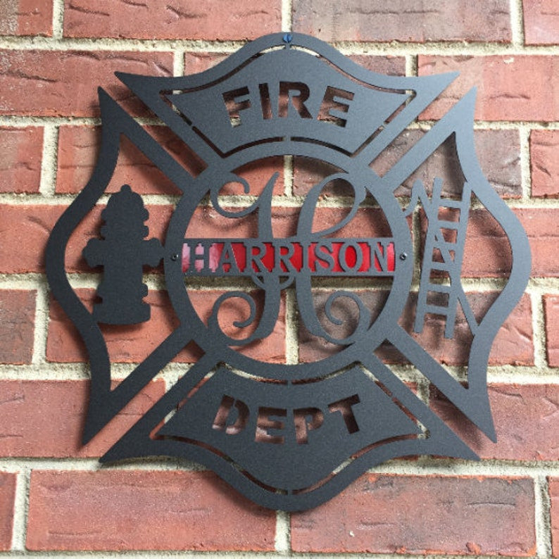 Firefighter Metal Maltese Cross W/ Ladder, Custom Metal Fire Department Sign Monogram Door Hanger, Firefighter Gift, Laser Cut Metal Signs Custom Gift Ideas