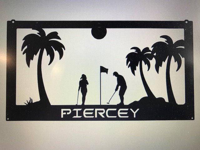 Metal Golfing Sign ,golfing Scene, Palm Trees, Metal Wall Art, Metal House Sign Laser Cut Metal Signs Custom Gift Ideas