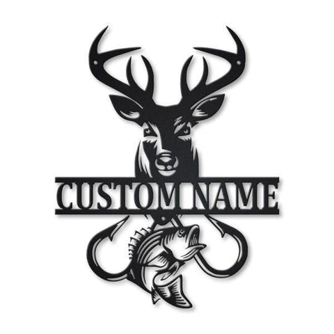 Deer Fish Hook Personalized Monogram Metal Wall Decor, Cut Metal Sign, Metal Wall Art, Metal House Sign Laser Cut Metal Signs Custom Gift Ideas