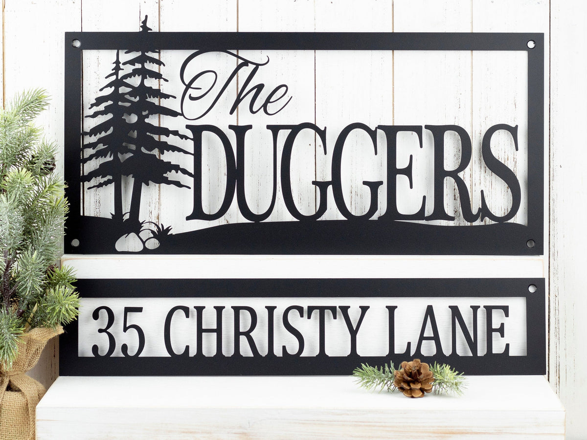 Custom Family Name And Address Metal Signs Black, Trees, Outdoor Sign, Custom Sign, Address Sign, Name Sign Laser Cut Metal Signs Custom Gift Ideas