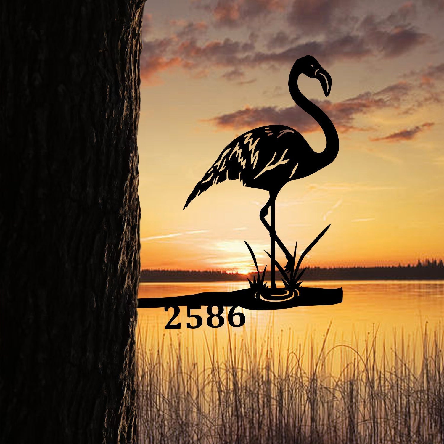 Customized Address Number Flamingo Metal Tree Stake, Metal Garden Art Laser Cut Metal Signs Custom Gift Ideas