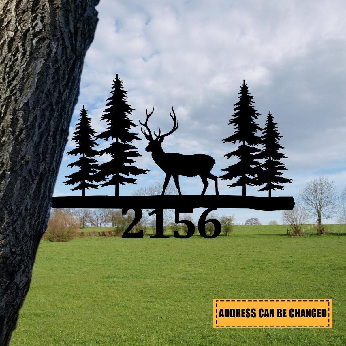 Custom Address Number Deer Hunting Metal Tree Stake, Cabin Sign Laser Cut Metal Signs Custom Gift Ideas