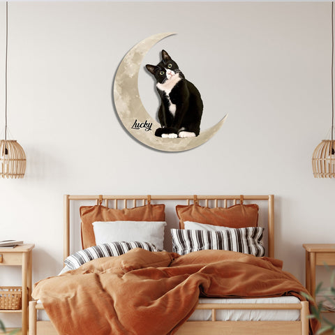 Tuxedo Cat And Moon Funny Personalized Photo And Name Cut Metal Sign, Custom Christmas Gift Wall Decoration For Cat Lovers Laser Cut Metal Signs Custom Gift Ideas