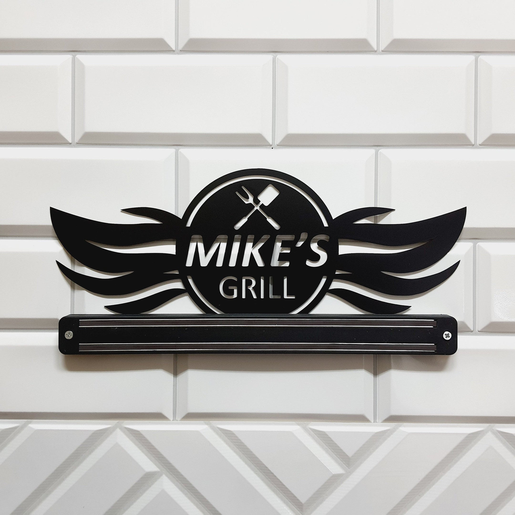 Personalized Magnetic Knife Holder, Metal Kitchen Wall Decor, Grill Wall Art Laser Cut Metal Signs Custom Gift Ideas