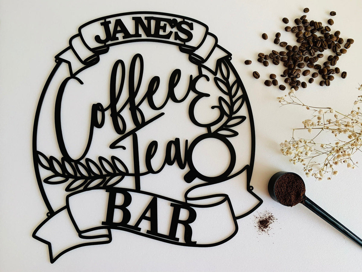 Personalized Metal Sign Coffee & Tea Bar Custom Laser Cut Name Housewarming Gift Mom Coffee Lover Wall Art Decor Acrylic Wood Kitchen Sign Laser Cut Metal Signs Custom Gift Ideas