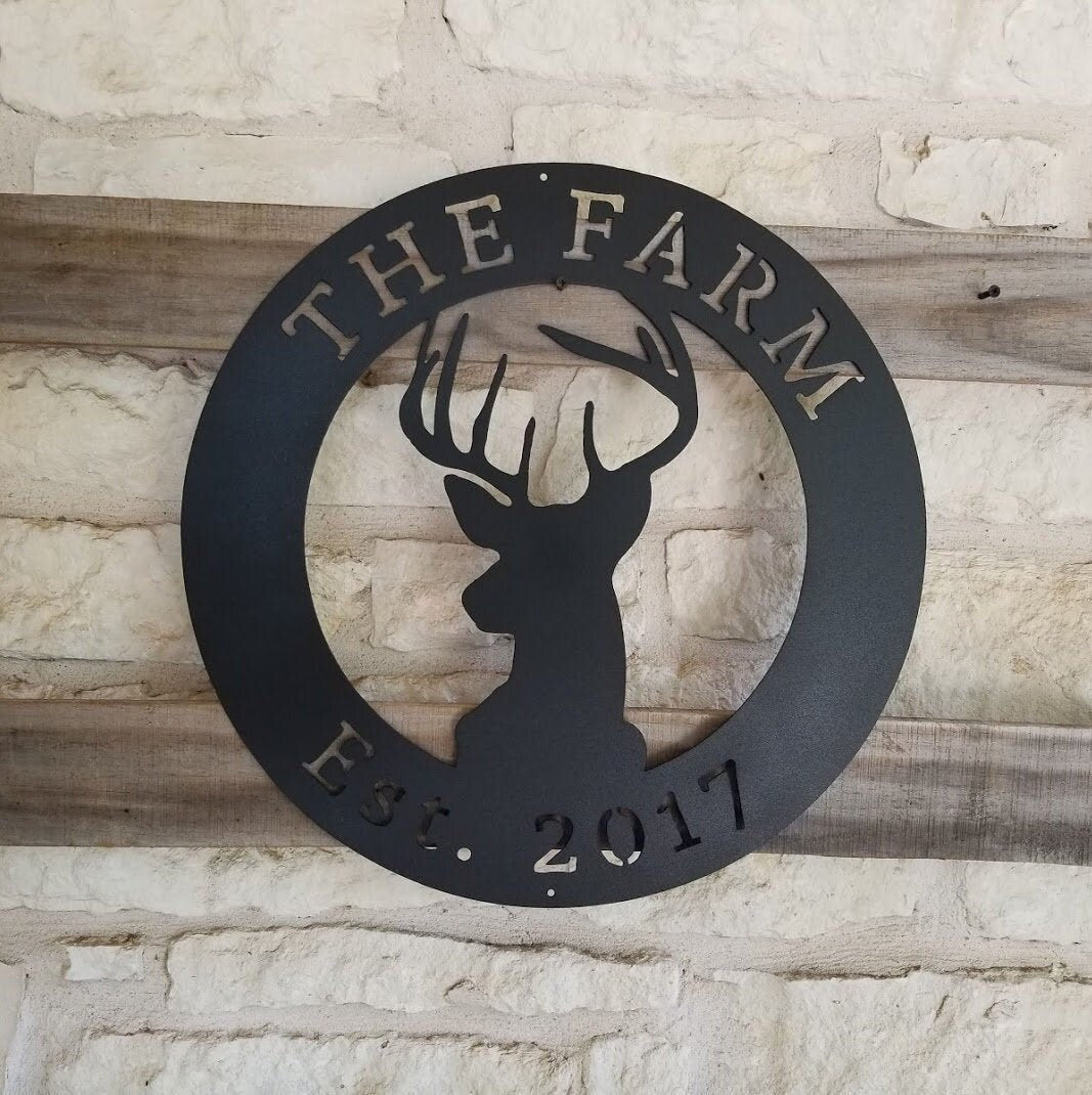 Ranch Sign, Farm Sign, Hunting Sign, Deer Shape Personalized Circle With Custom Text. Plasma Cut Steel Sign ,steel Art Laser Cut Metal Signs Custom Gift Ideas