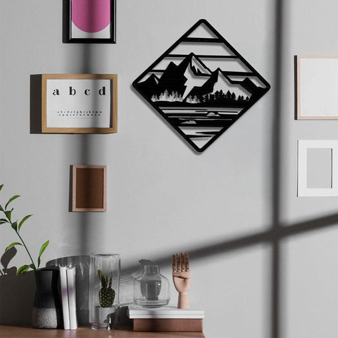 Black Metal Mountain Landscape In Geometric Shape ,metal Mountain Scenery Wall Art ,metal Mountain Scenery Home Decor, Metal Laser Cut Metal Signs Custom Gift Ideas