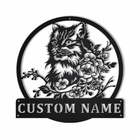 Personalized Cute Cat Floral Metal Sign Art, Custom Cute Cat Floral Metal Sign, Animal Funny, Father's Day Gift, Pets Gift, Laser Cut Metal Signs Custom Gift Ideas