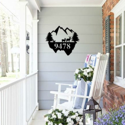 Deer And Mountain Scene Metal Sign, Personalized Metal Address Sign, Customized With House Number, Outdoor Metal Sign, Cabin Decor Sign, Laser Cut Metal Signs Custom Gift Ideas