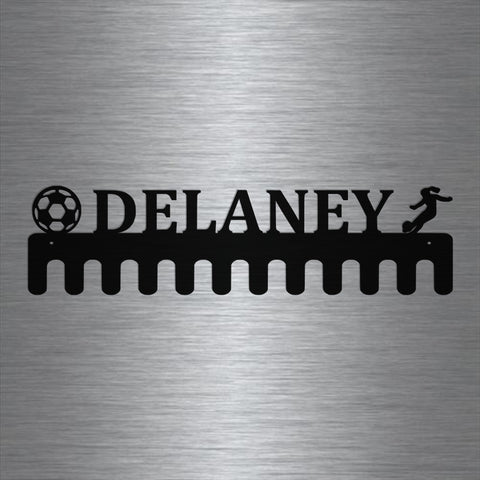 Soccer Custom Name Medal Hanger Holder Display Rack Female 12 Hooks, Cut Metal Sign, Metal Wall Art, Laser Cut Metal Signs Custom Gift Ideas