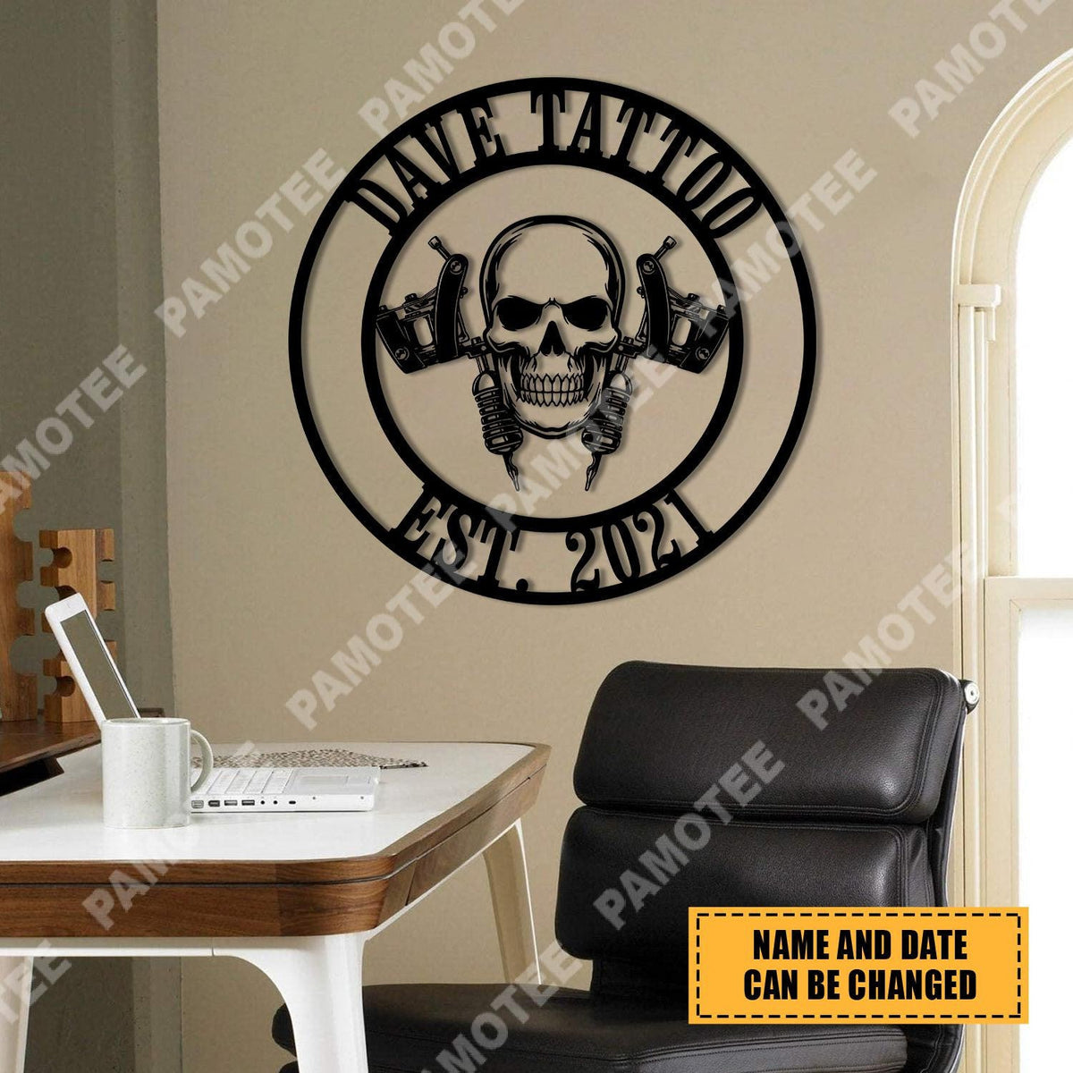 Custom Name And Est Date Skull Tattoo Artist Metal Sign, Steel Wall Hanging, Metal Laser Cut Metal Signs Custom Gift Ideas