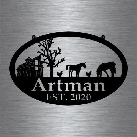 Metal Farm Sign , Barn And Horses And Chickens Personalized Family Name Metal Sign Wedding Gift Personalized Gift Metal Wall Art, Laser Cut Metal Signs Custom Gift Ideas