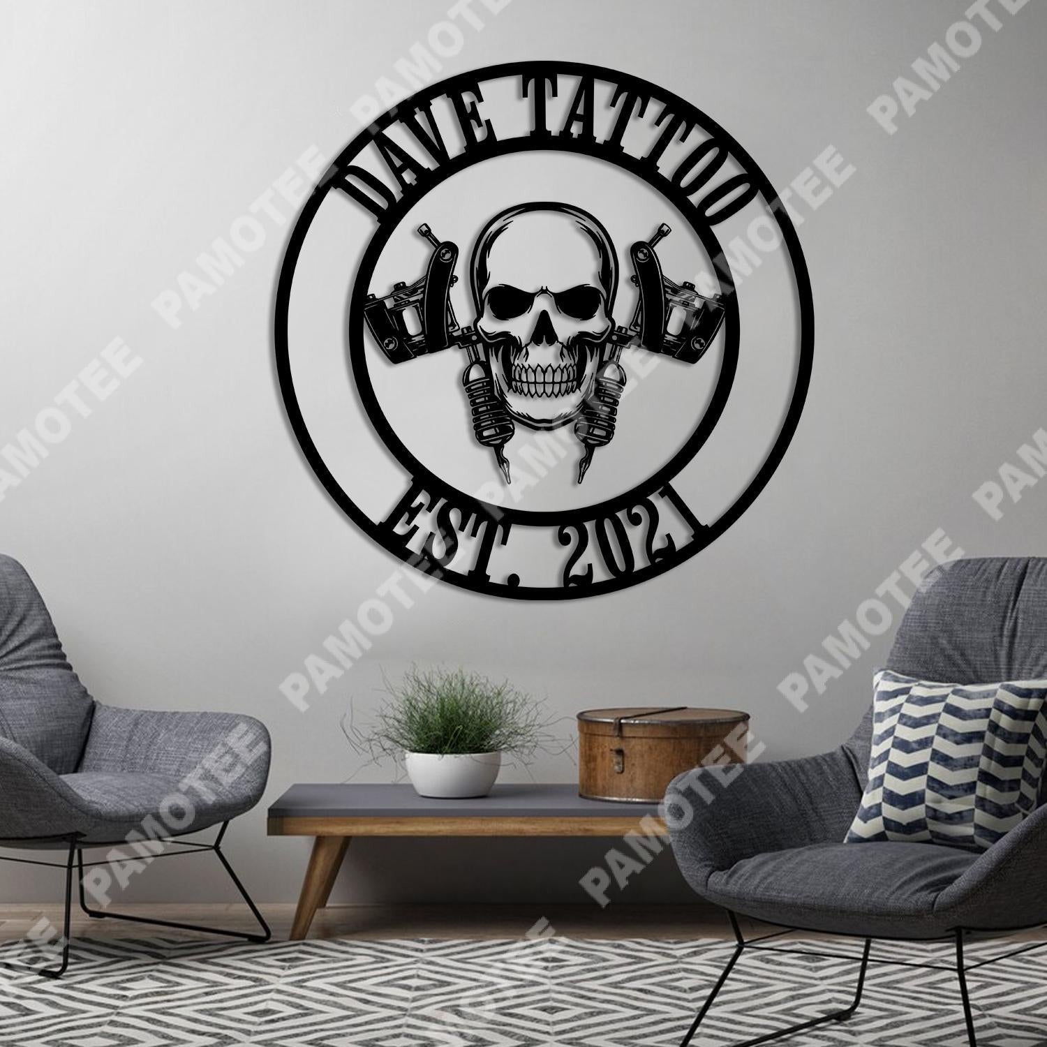 Custom Name And Est Date Skull Tattoo Artist Metal Sign, Steel Wall Hanging, Metal Laser Cut Metal Signs Custom Gift Ideas