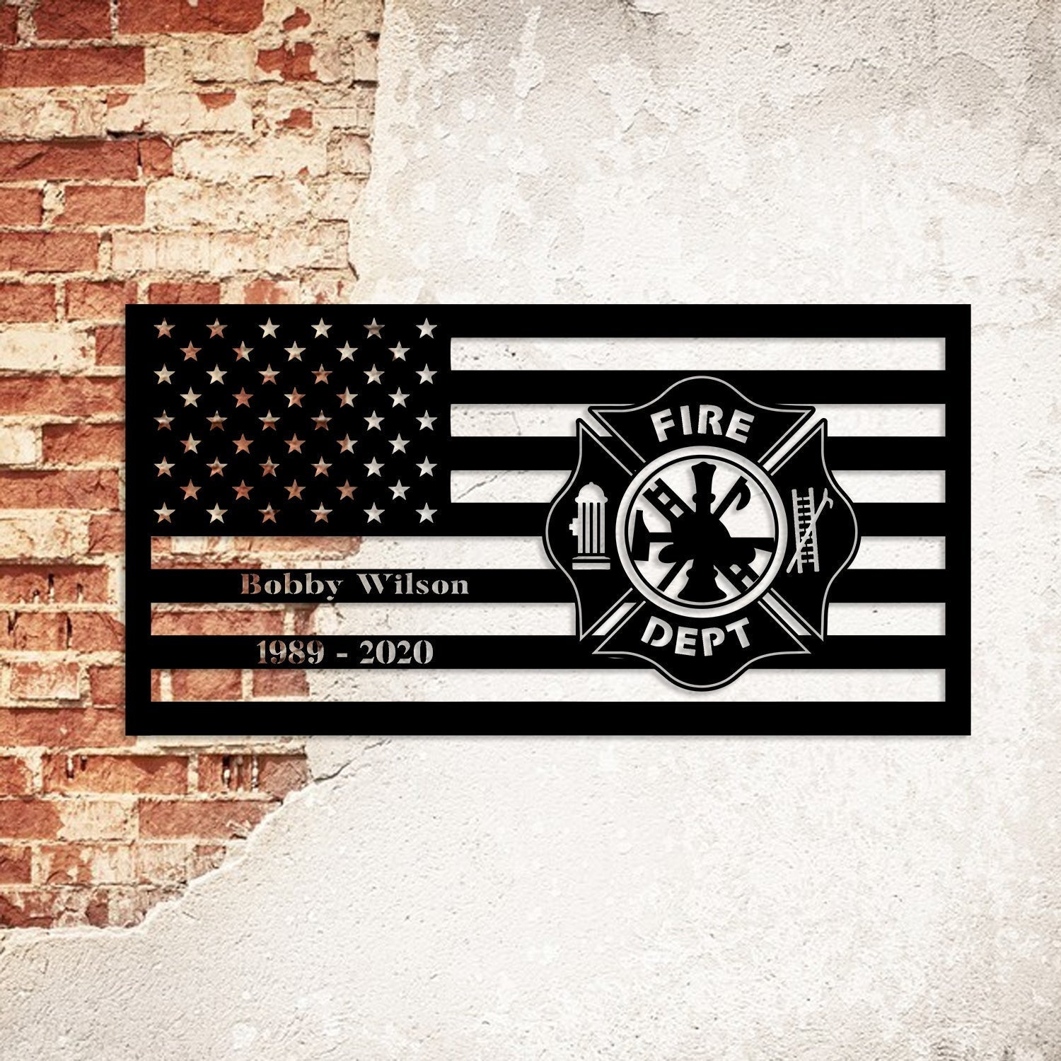 Custom Name Date Retired Firefighter Logo Metal Sign, American Flag Wall Hanging, Metal Laser Cut Metal Signs Custom Gift Ideas
