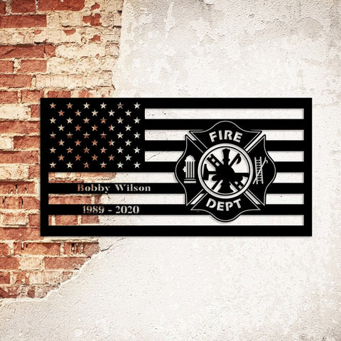 Custom Name Date Retired Firefighter Logo Metal Sign, American Flag Wall Hanging, Metal Laser Cut Metal Signs Custom Gift Ideas