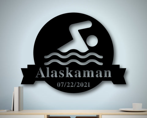 Personalized Metal Swimmer Sign, Family Name Metal Sign, Metal Triathlete Sign, Custom Last Name Sign, Personalized Metal Wall Decor, Laser Cut Metal Signs Custom Gift Ideas