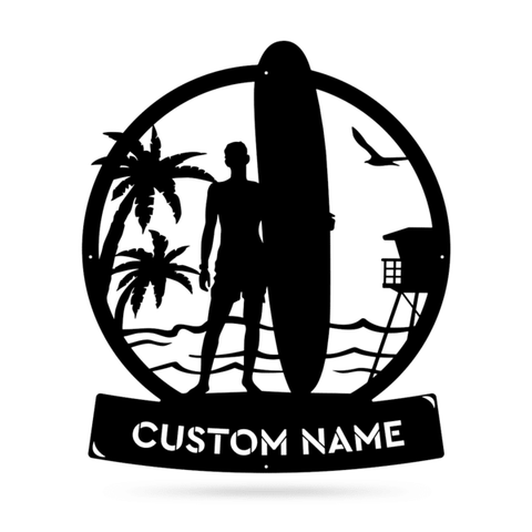 Longboard Male Surfer Monogram Cut Metal Sign Metal House Sign Decorations