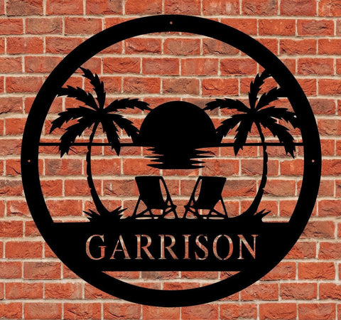 Monogram Sunset Tropical Florida Beach Relaxing Metal Sign Personalized Wedding Gift Housewarming Weatherproof Cut Metal Sign Decorations