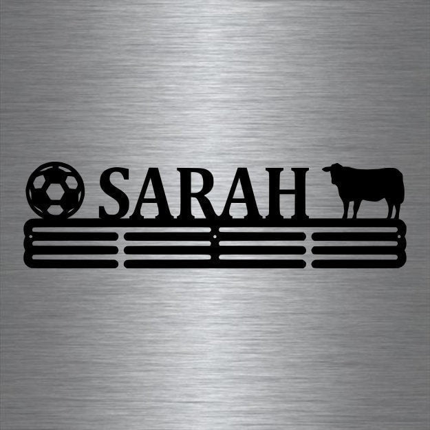 Soccer And Cow Custom Name Medal Hanger Holder Display Rack 3 Rung, Cut Metal Sign, Metal Wall Art, Laser Cut Metal Signs Custom Gift Ideas