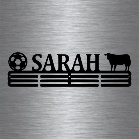 Soccer And Cow Custom Name Medal Hanger Holder Display Rack 3 Rung, Cut Metal Sign, Metal Wall Art, Laser Cut Metal Signs Custom Gift Ideas