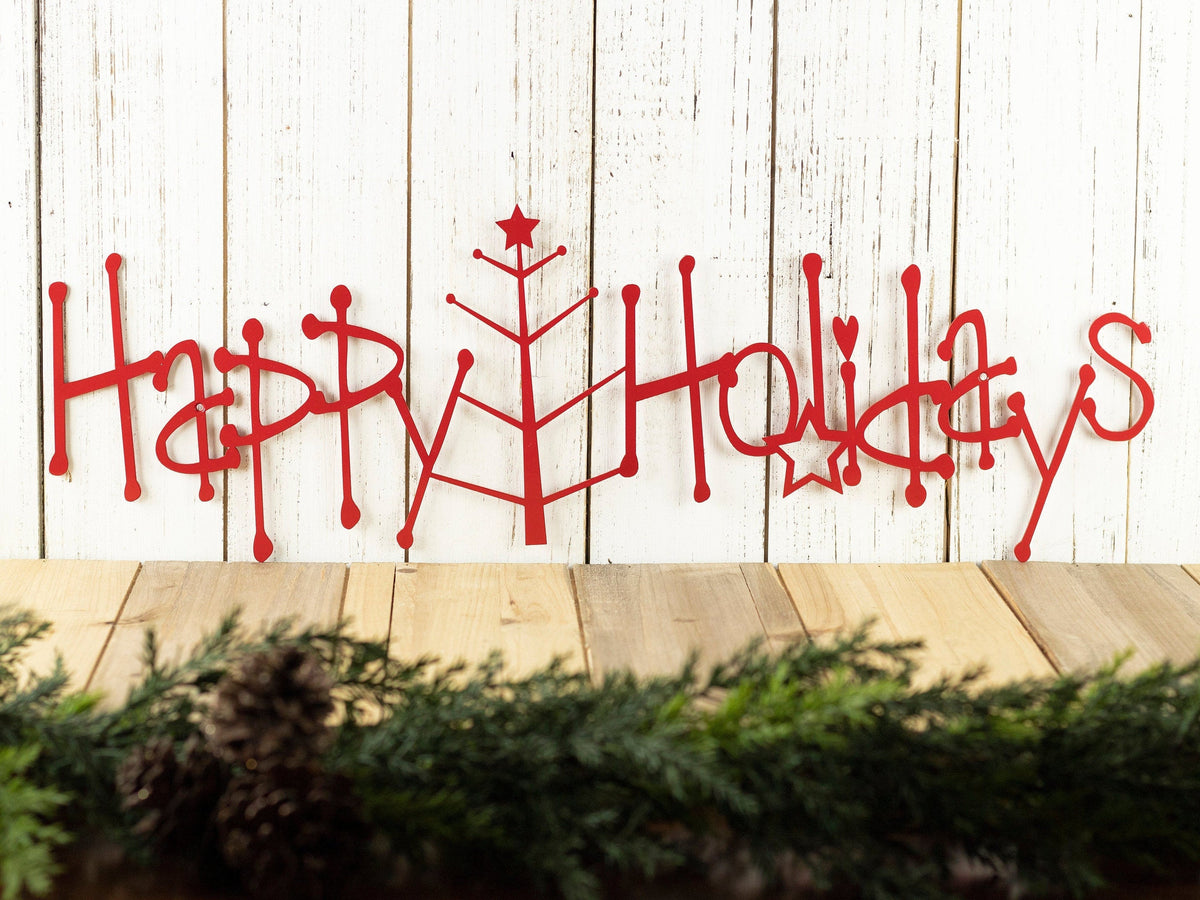 Happy Holidays Metal Sign With Christmas Tree Red Christmas Tree Outdoor Holiday Decor Christmas Decorations