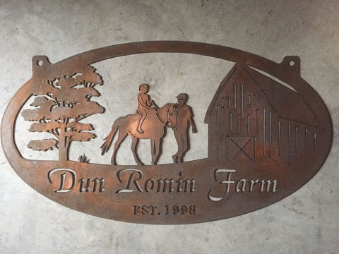 Metal Horse Sign With Barn And Man Leading Girl On Horse3ft Sign Metal House Sign Decorations