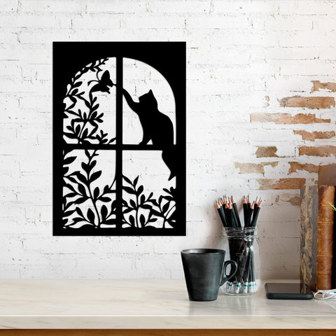 Cat And Butterfly In Window Metal Wall Hanging Art Garden Decor Black Cat Metal Signs House Decor Gift For Cat Lover Wall Hanger Decorations