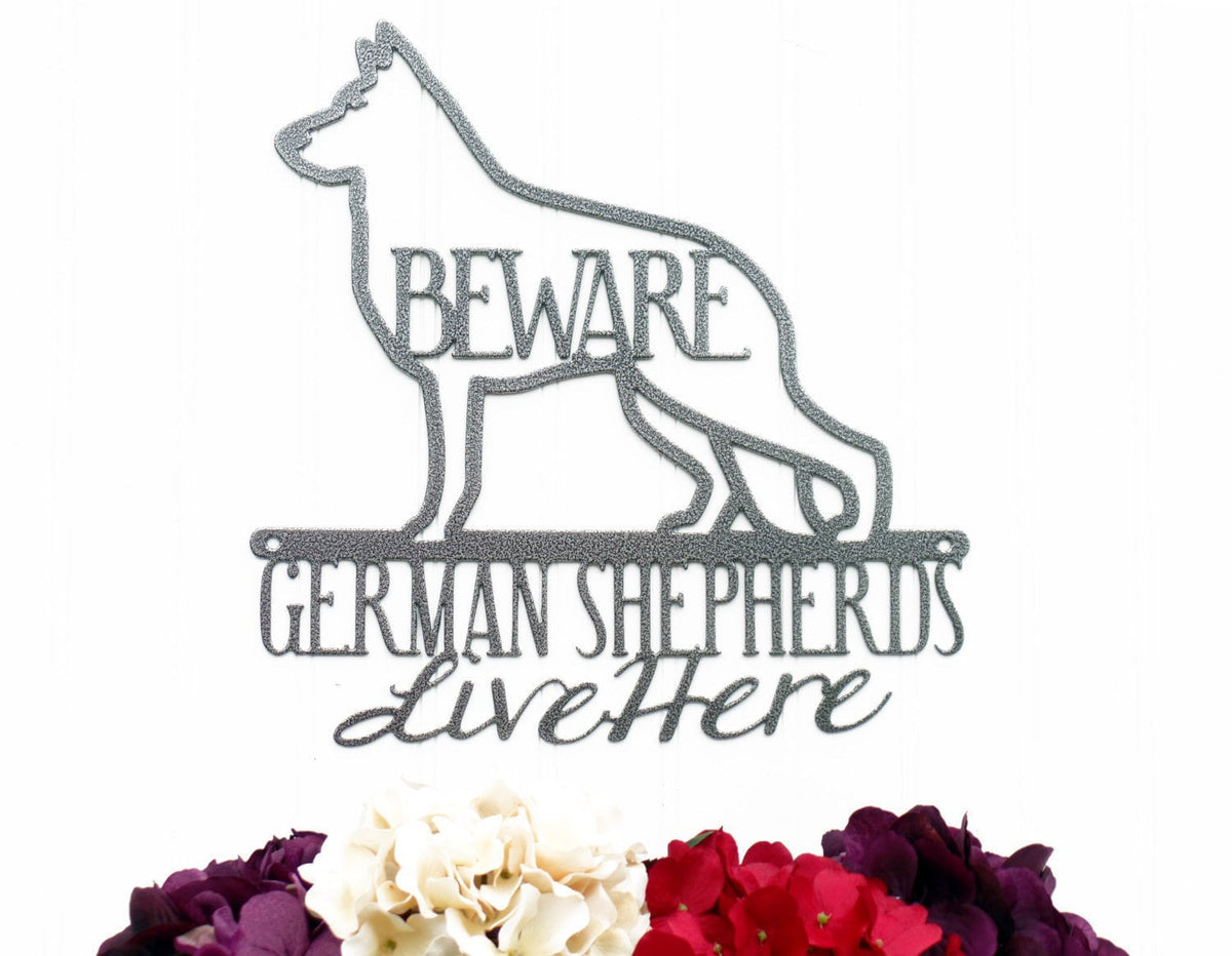 German Shepherds Live Here Metal Sign Silver Metal Sign Dog Sign Door Sign Wall Hanging Wall Plaque Decorations
