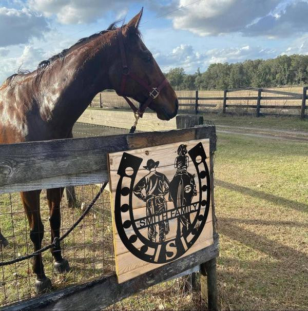 Horse Shoe Sign Farther And Child Riding Horse Metal Wall Art Cut Metal Sign, Metal Laser Cut Metal Signs Custom Gift Ideas