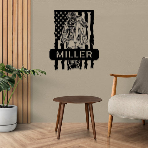 Customized Name Fireman Metal Plaque, American Flag Firefighter Home Decor, Metal Laser Cut Metal Signs Custom Gift Ideas