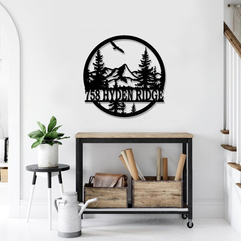 Mountain Pine Tree Laser Cut Metal Sign Personalized Address Metal Sign Customized Address Door Hanger Nature Scene Monogram Sign Decorations