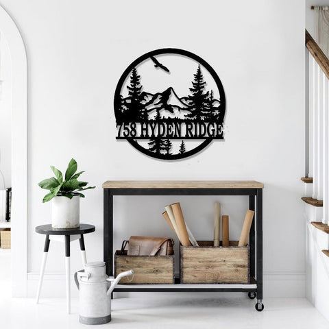 Mountain Pine Tree Laser Cut Metal Sign Personalized Address Metal Sign Customized Address Door Hanger Nature Scene Monogram Sign Decorations