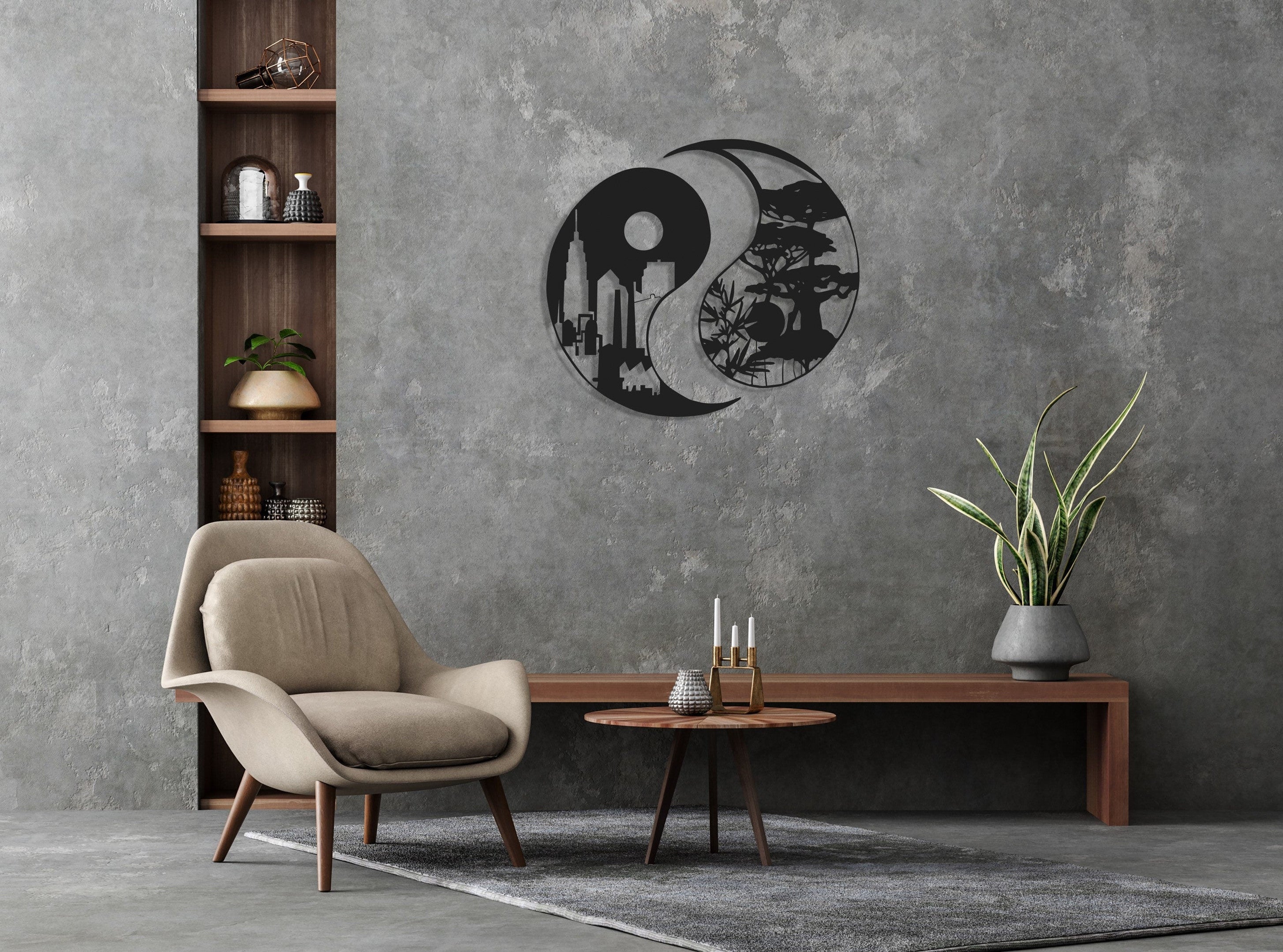 Yin Yang Metal Wall Decor, City & Forest, Metal Wall Art, Housewarming Gift, Home Decor, Office Decor,, Metal Laser Cut Metal Signs Custom Gift Ideas